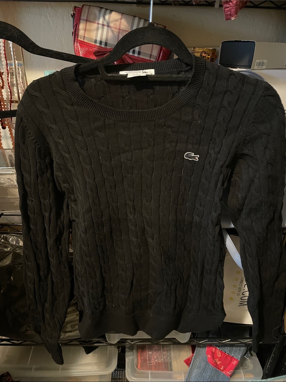 Lacoste Black Cable-Knit Crewneck Sweater with Crocodile Logo